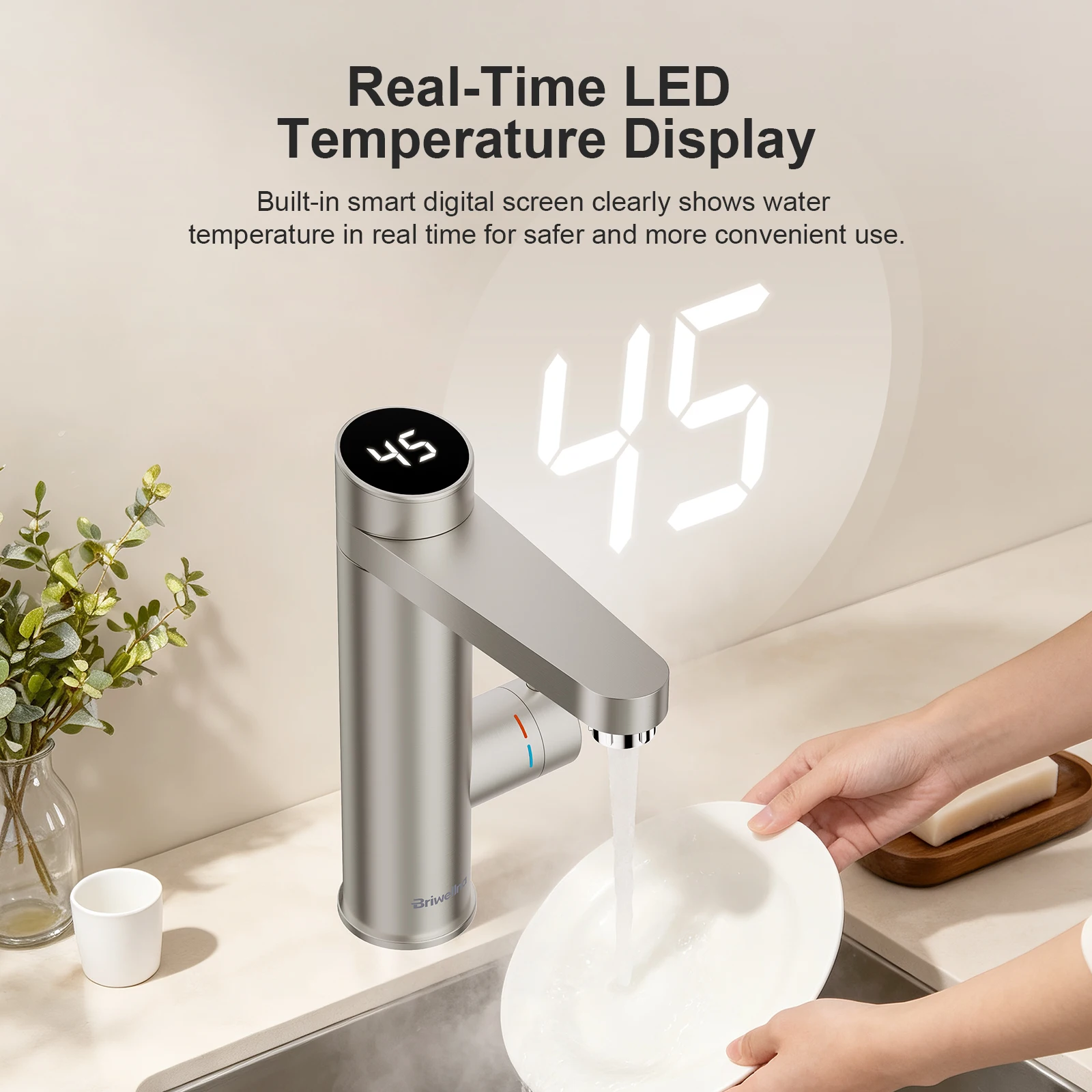 Briwellna Electric Water Heater Tap 220V Bathroom Faucet 120° Rotation Silver Tankless Water Heater Tap Stainless Steel Faucet 3