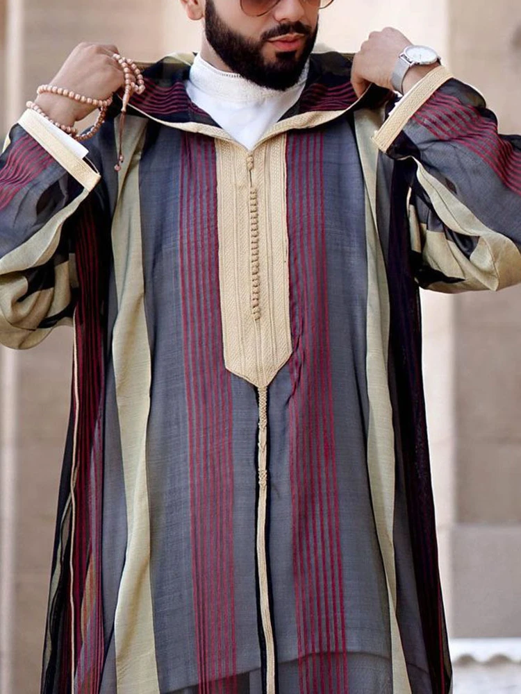 Middle Aged Lapel Loose Fitting Islamic Clothing Ordinary Stripe Casual Islamic Shirt 2023 New Muslim Fashion Robe Summer