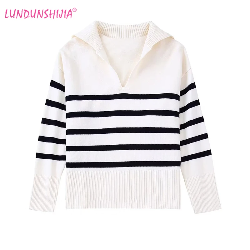 2022 Autumn Winter Turndown Collar Striped Knitting Sweaters Women