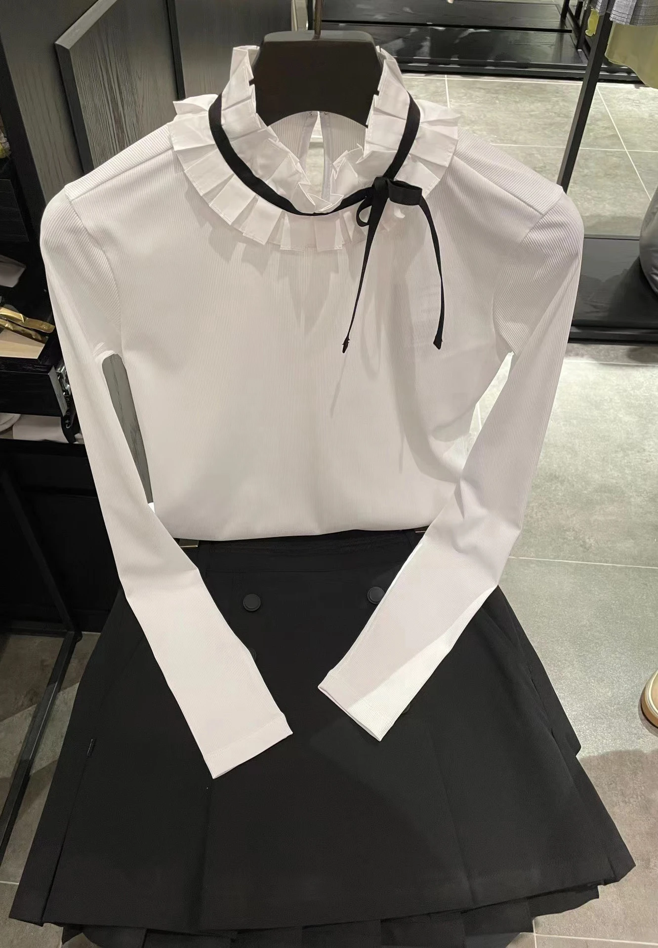 Spring elegant ribbon stand up collar long sleeves shirt for women cute easy match stretch golf apparel clothes