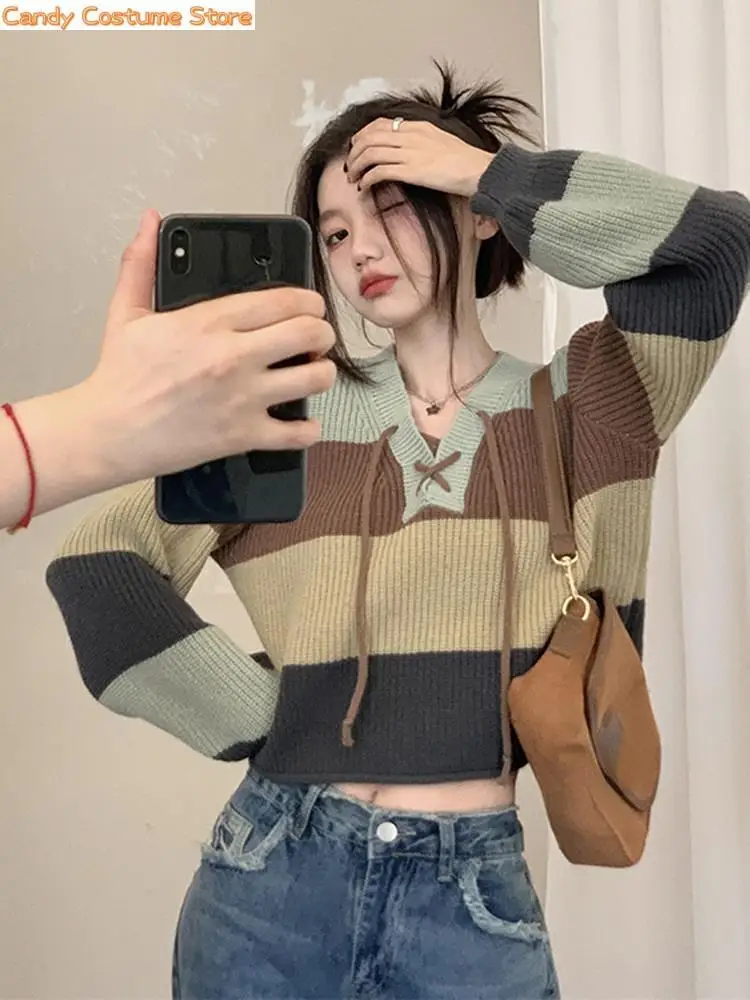 

Casual Knitted Jumper Spring V-neck Bandage Pullover Women Vintage Striped Cropped Sweater Loose Pull Femme Harajuku