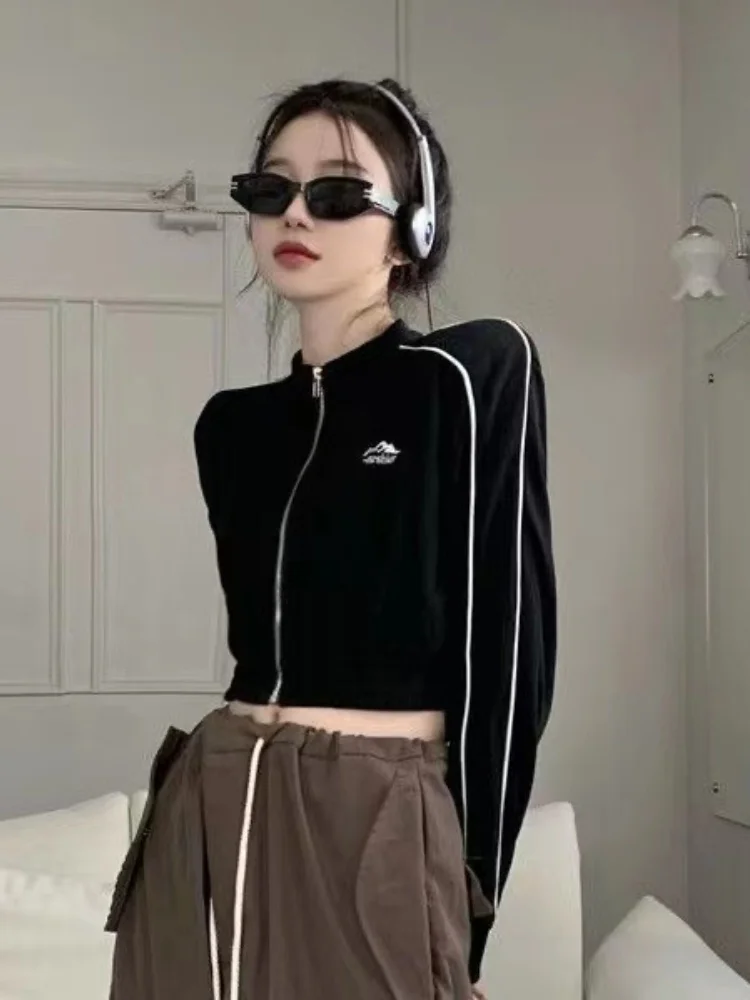 

Deeptown Korean Fashion Black Zipper Cropped Hoodies Women Gothic Grunge Graphic Print Sweatshirts Long Sleeve Sport Tops Jacket