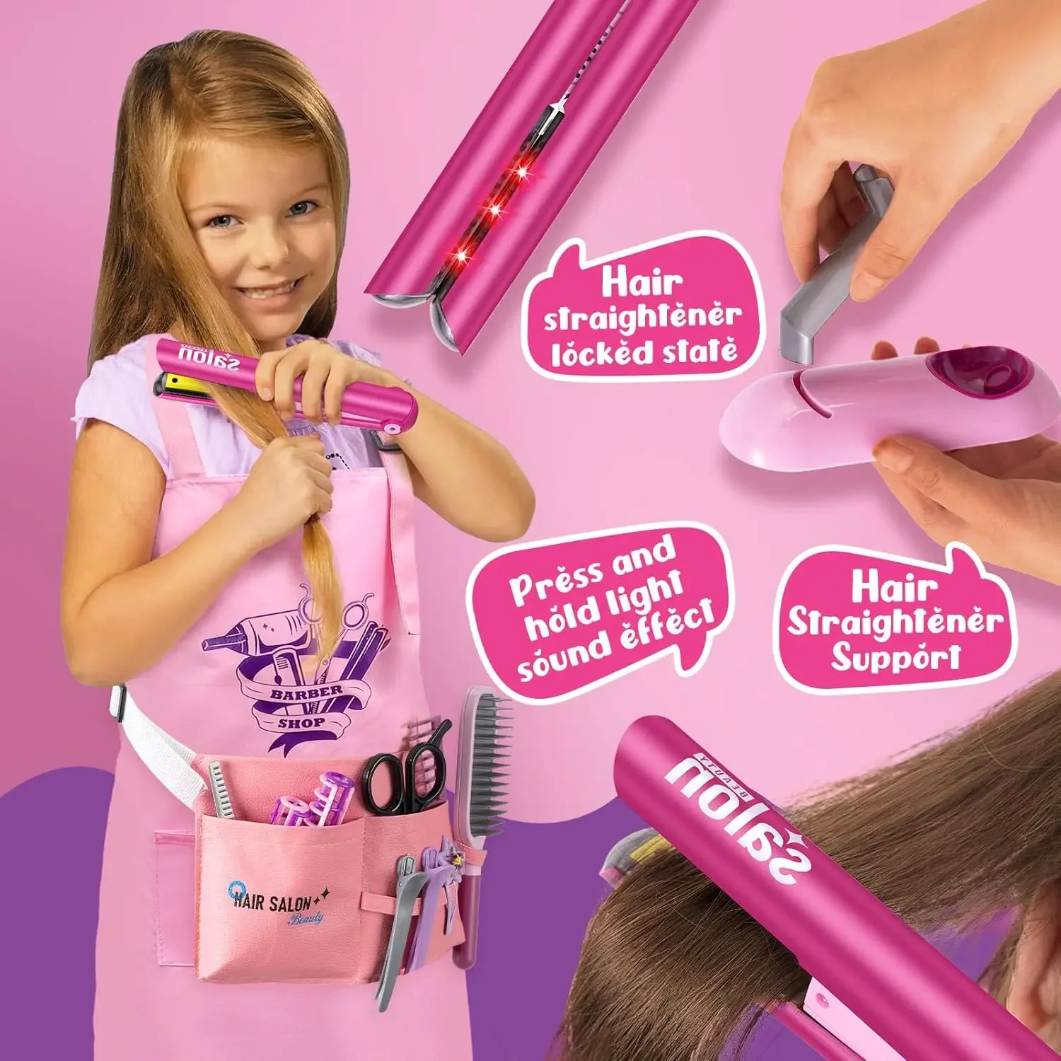 14pcs Hair Salon Pretend Play Toys for Girls, Makeup Playset Toddler Dress Up Beauty Stylist Kit, Hairdryer&Straightener, Gift