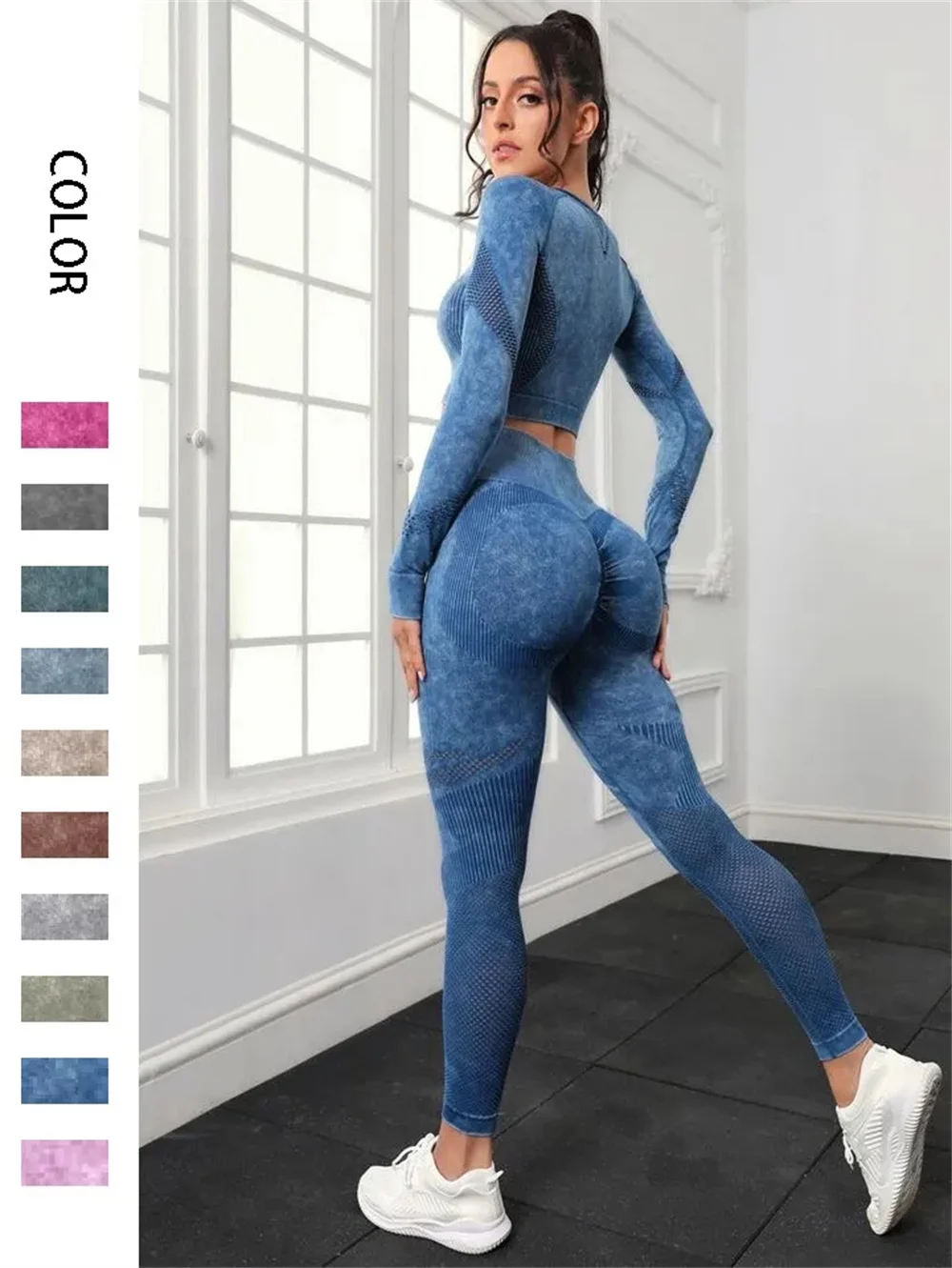 Seamless Washed Yoga Sets Sports Fitness Peach Hip-lifting High Waist Pants Long-sleeved Suit Workout Gym Leggings Set for Women