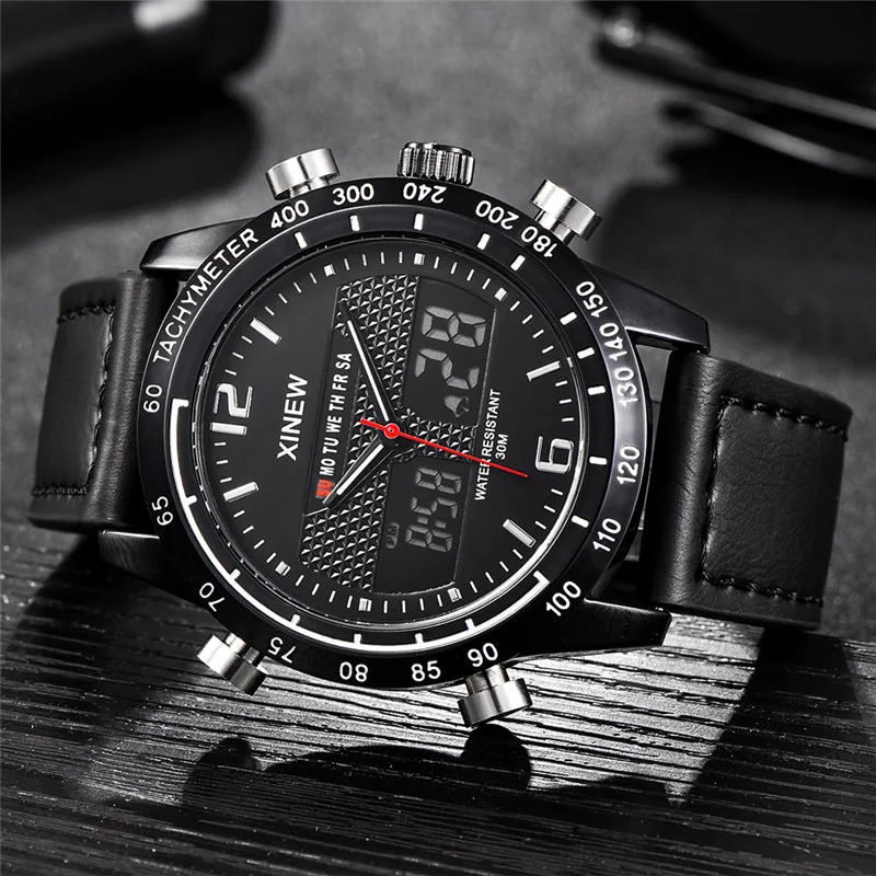 Original XINEW Brand Dual Time Watches For Men Fashion Leather Band Multi-function Sports Chronograph Watch Relogio Masculino