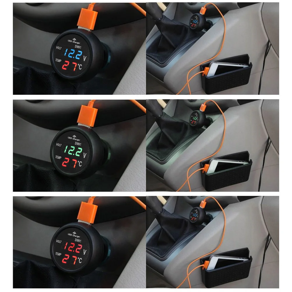 3 in 1 12/24V Car Auto Monitor Display USB Charging Charger for Phone Tablet GPS LED Digital Voltmeter Gauge Thermometer