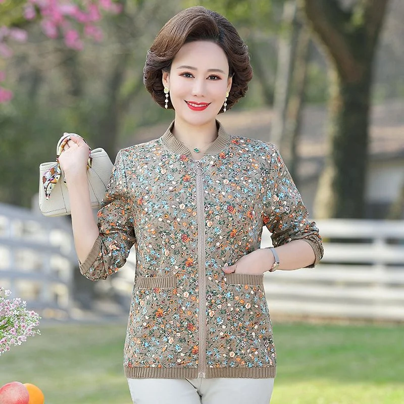 

Mom's Autumn Fashion Upscale Foreign Fragmented Flower Short Coat Middle and Old Age Women's Fashion Baseball Jacket Cardigan