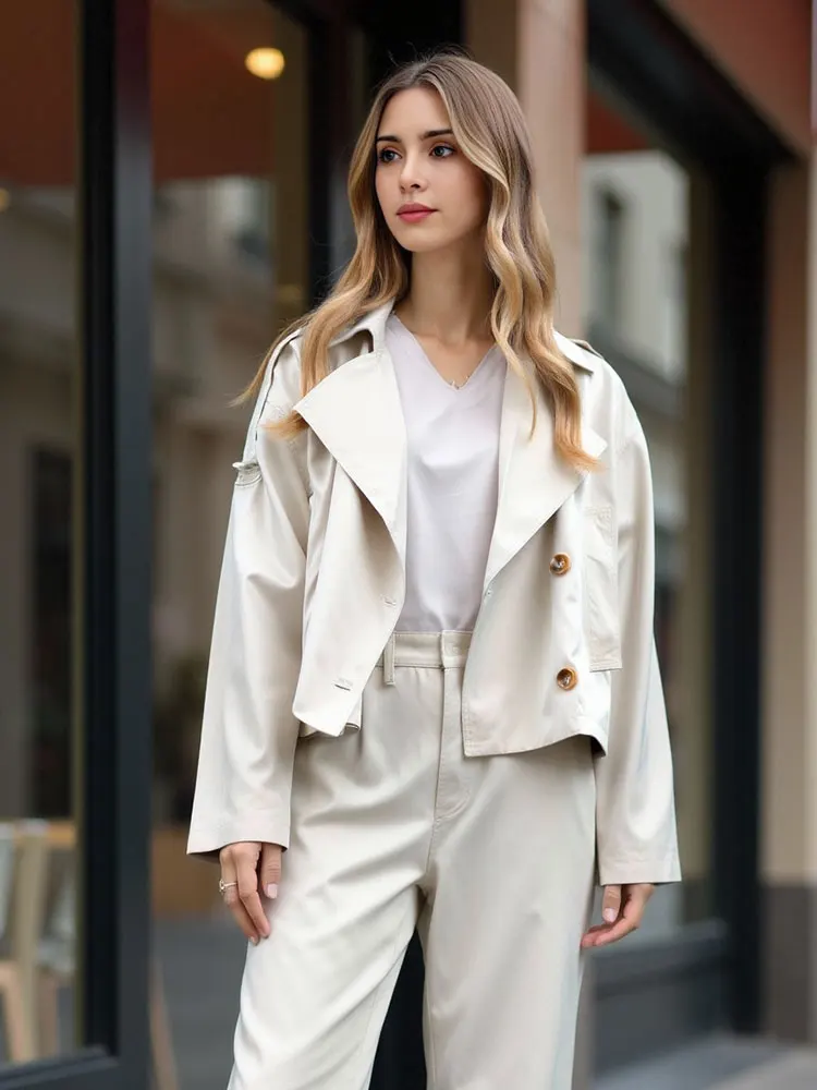 HH Women Fashion Cropped Trench Coat Solid Double Breasted Long Sleeve Windbreaker Jacket High Street Lady Outerwear Top