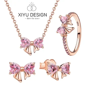 3 PCS 925 Sterling Silver Rose Gold Jewelry Set Pink Zircon Bow Necklace Earrings and Ring for Women Fashion Jewelry Gift Making