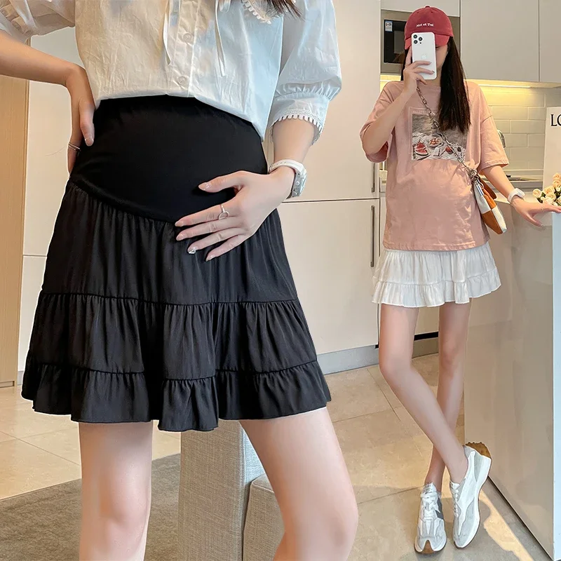 Summer Pregnant Woman Pleated Skirts Fashion High Waist Ruffles Patchwork Maternity Empired Skirt Korean Style Mini Skirts