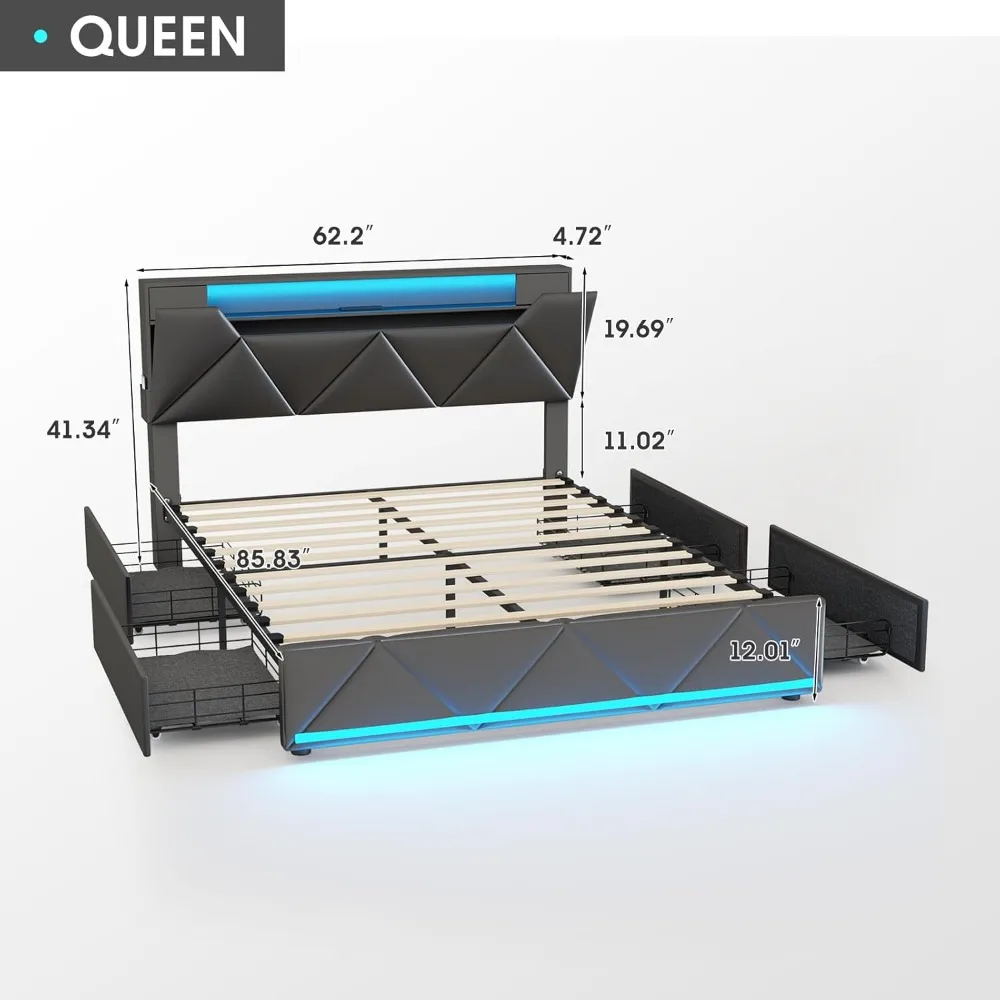 Vabches Queen Bed Frame with Storage Headboard and 4 Drawers,Upholstered Platform with Charging Station and Led Lights,Adjustabl 2