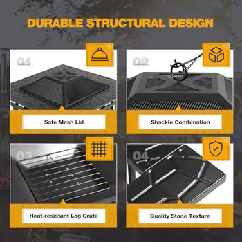 32 inch Metal Outdoor Fire Pit Table Multiuse Square Patio BBQ Firepit with Spark Screen Lid and Waterproof Cover for Camping 3