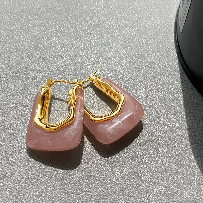 Green Pink Transparent Resin Earrings - Geometric Irregular Stud Earring