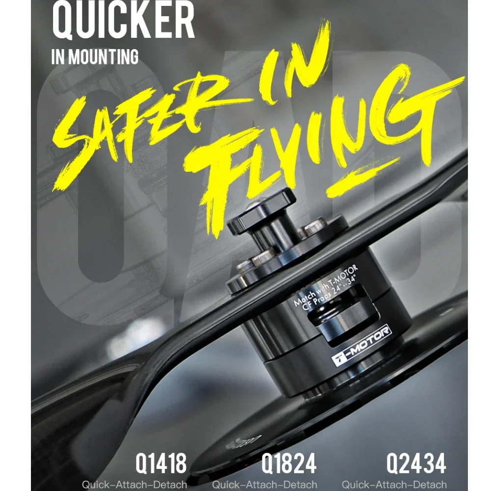 Adaptateur d'Hélice à Fixation Rapide T-MOTOR pour Drone Professionnel, présenté avec une hélice en carbone attachée.