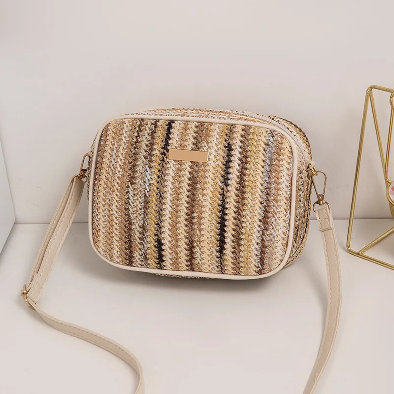 Colorful Woven Straw Shoulder Bag - Rainbow Striped Crossbody Purse With Chain For Women, Spring & Summer Beach Bag