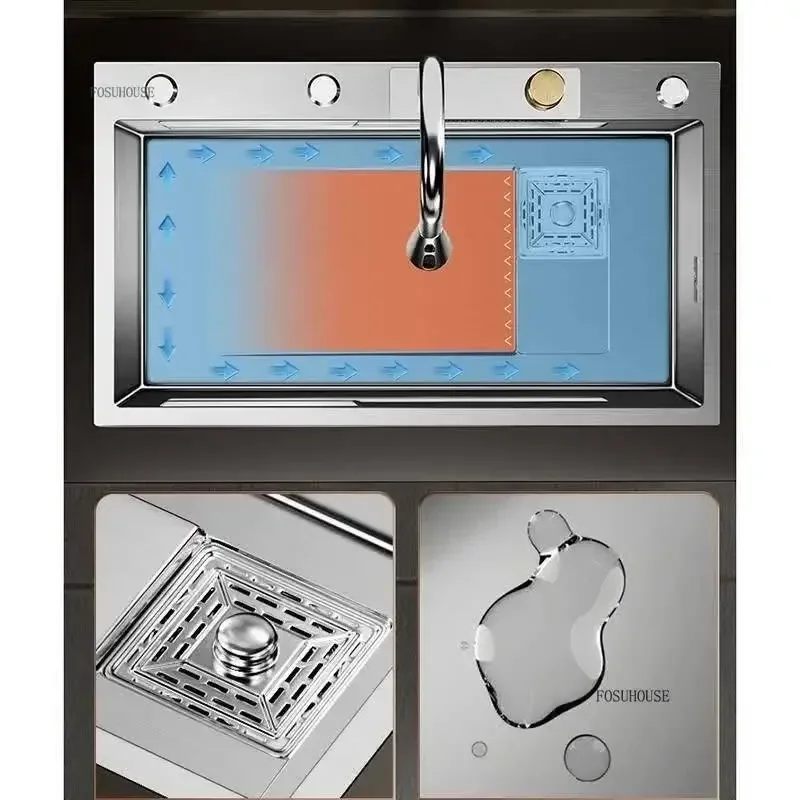 Italian Brushed Metal Kitchen Sinks for Rental Houses Waterfall Large Single Trough Table Control Sink Creative Sink for Kitchen