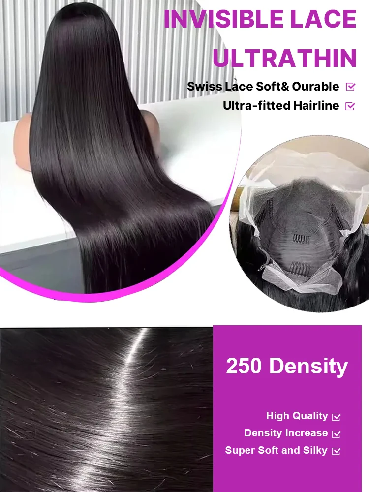 300 High Density Hd 13x4 13x6 Bone Straight Human Hair Lace Front Wigs Pre Plucked Baby Hair Brazilian 40 46 Inch 360 Full Lace Frontal Wigs For Black Women 100% Real Human Hair Natural Black Color 6