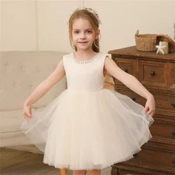 Toddler Girl Floral Tulle Pearl Dress with Bow, Backless Princess Party Gown - 100 2 - 3T (Beige)