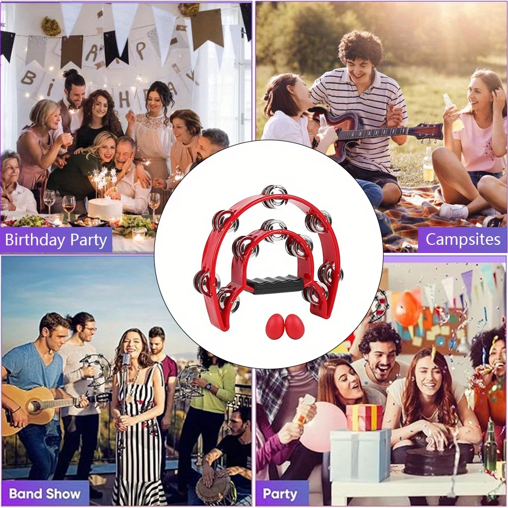 Half Moon Shaped Tambourine with Egg Shakers-Double Row Metal Jingles Handheld Bell Percussion Instrument for Dance Party KTV