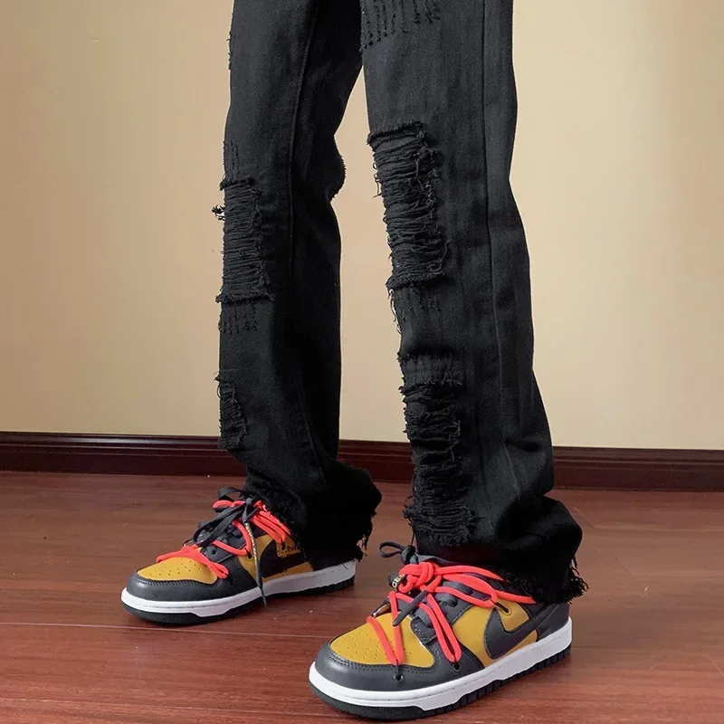 Fashion Stretch Patch Men's Jeans Y2K Patchwork Creative Tassels Decoration Straight Denim Trousers For Men Hip Hop Jean Pants