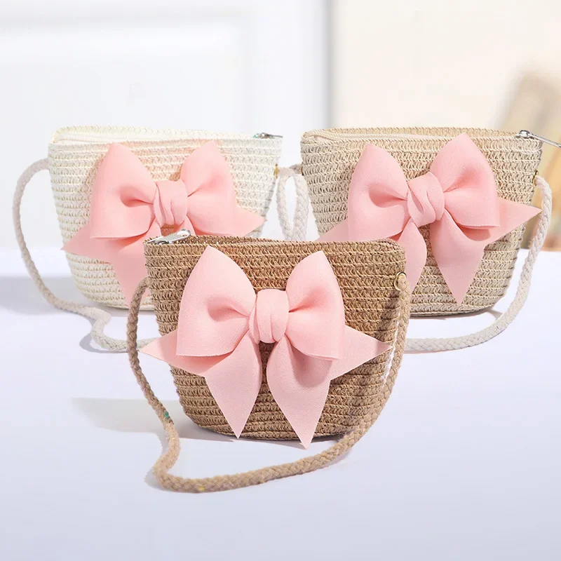 Cute Bow Straw Shoulder Bags Baby Girls Handmade Woven Crossbody Bag Princess Kids Messenger Bags Mini Coin Purse Beach Handbags 1