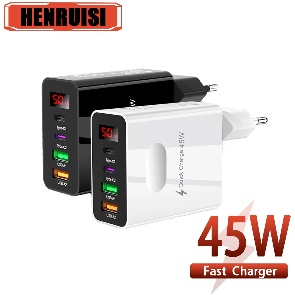 

45W 4 Ports USB Charger PD Type C Digital Display Phone Charge Adapter Quick Charge 3.0 Wall Charger For iPhone 14 Samsung Xiaom