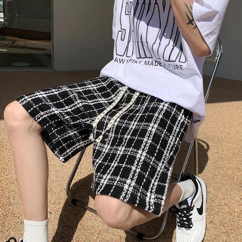 2022 Summer New Men's Hong Kong Style Shorts Fashion Plaid Elastic Waist Shorts Outdoor Sports Casual Shorts M-5XL
