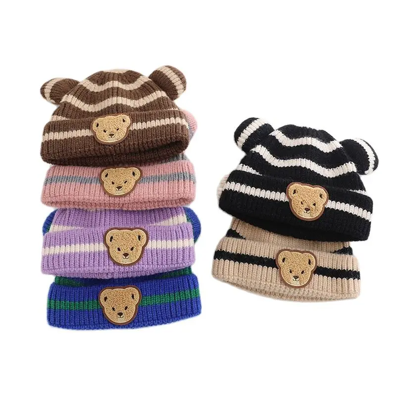 

Doitbest 2022 Winter Hat For Kids Beanies Striped Bear Cartoon Acrylic Child Knit Beanie Hats Warm Baby Girls Earflap Caps