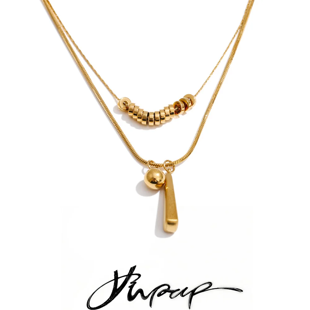 Yhpup Stainless Steel Double Layer Beads Water Drop Pendant Necklace