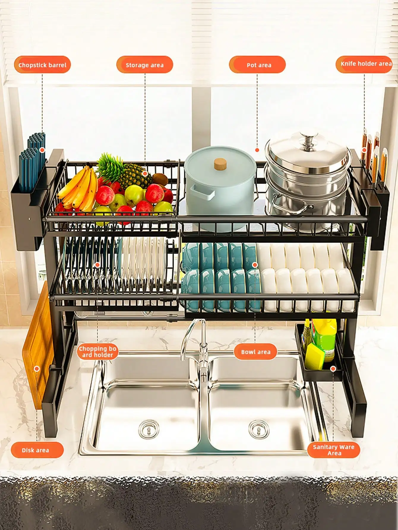 Expandable 2-Tier Stainless Steel Sink Dish Rack with Cutlery & Chopstick Holders 6