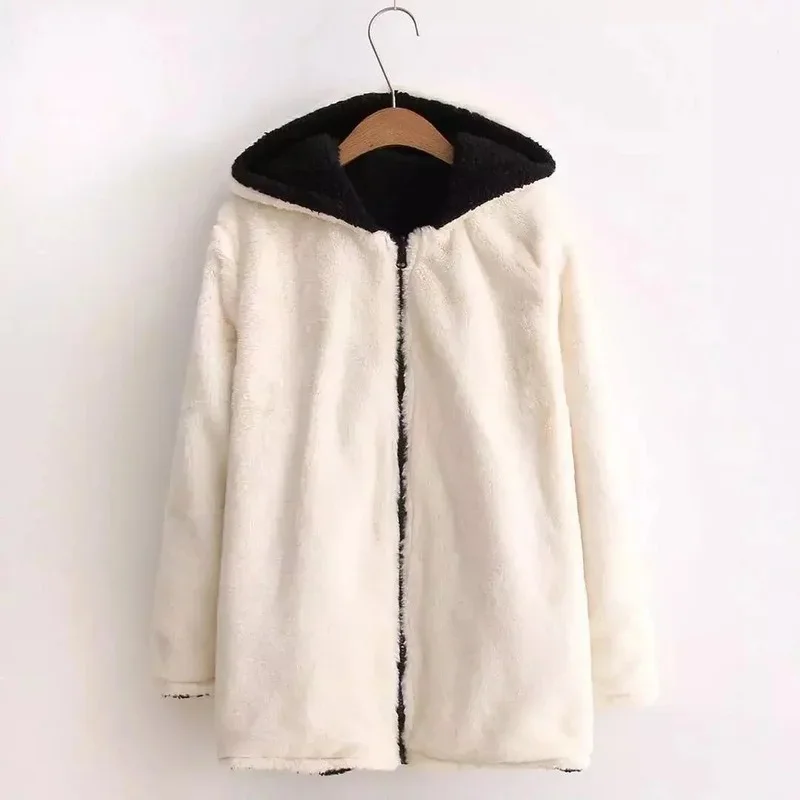 2024 Thickened Warm Jacket Autumn and Winter New Loose Long-sleeved Two-sided Faux Fur Hooded Zipper Plush Jacket for Women