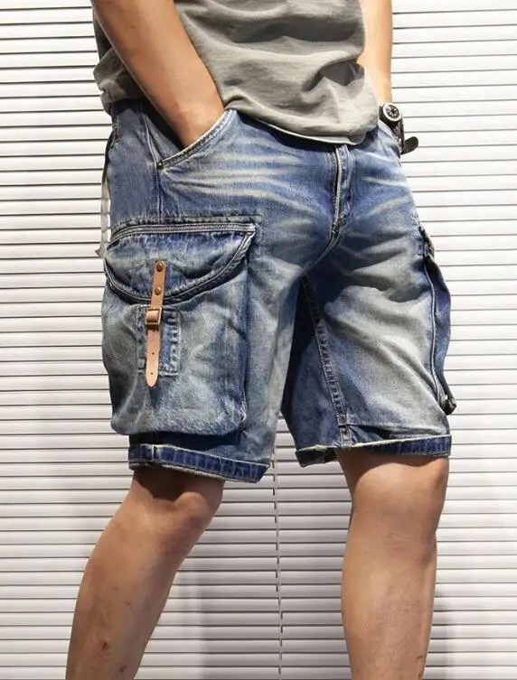 Summer Men's Loose Straight Leg Denim Shorts Multiple Pockets Outdoor Knee Length Jean Shorts