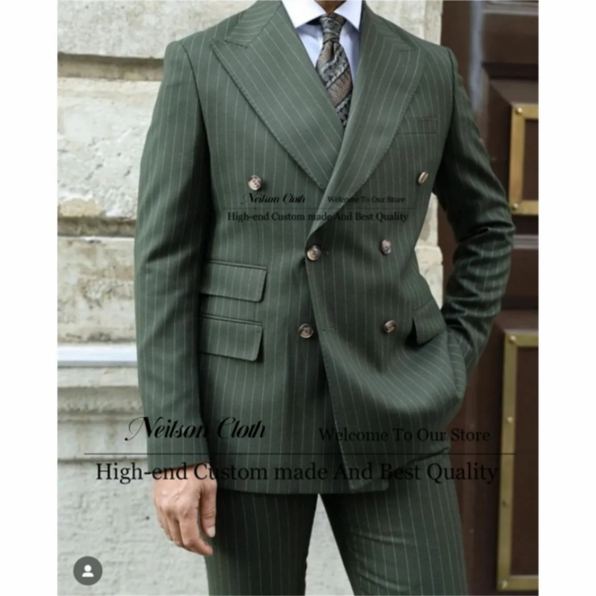 

Мужские костюмы в болотно-зеленую полоску, мужские костюмы с заостренными лацканами, мужские костюмы, 2 шт., двубортные бриллианты, облегающий мужской костюм