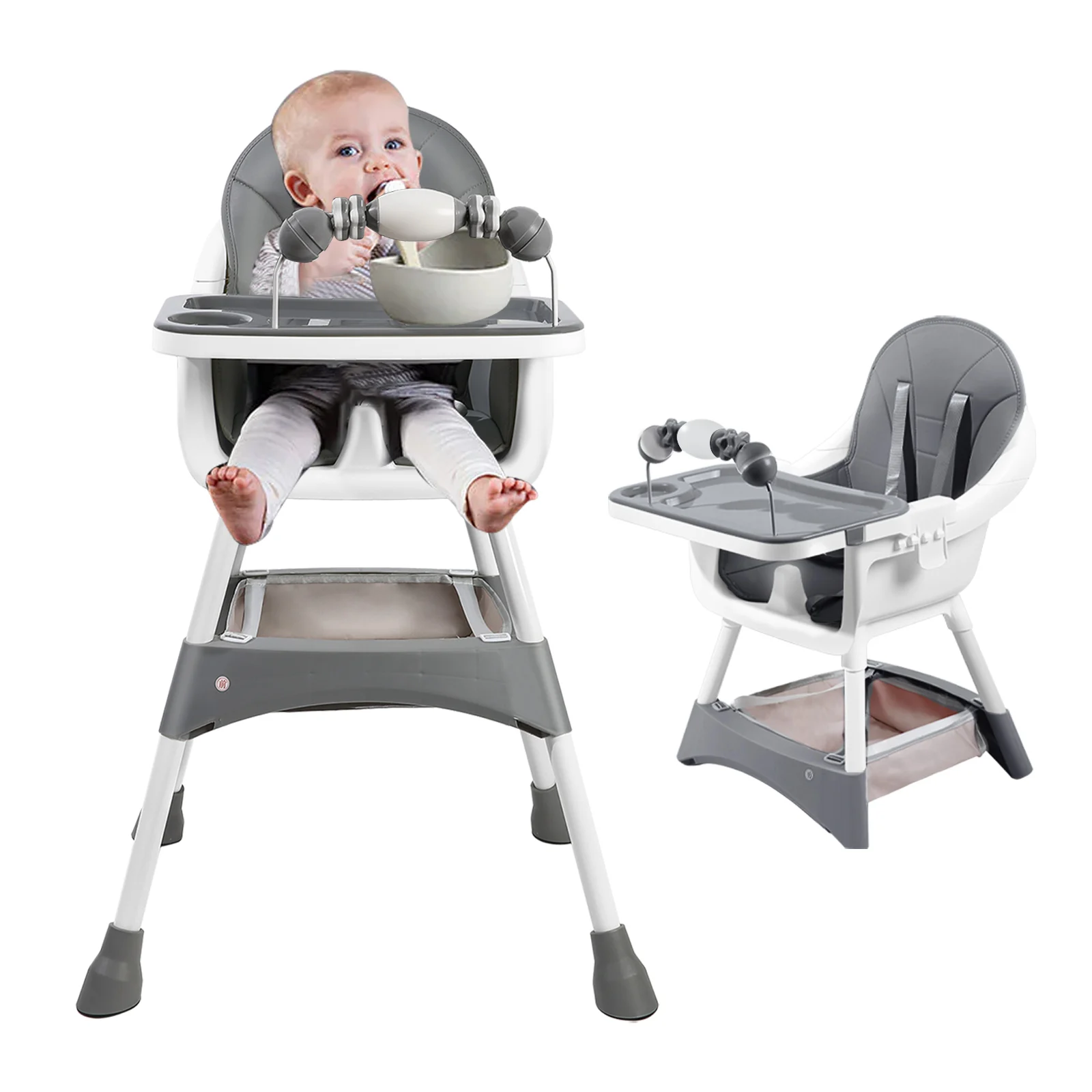 Baby High Chair, Portable Baby Dining Chairs Eat & Play Convertible High Chair with Double-Layer Dinner Plate and Toy Rack