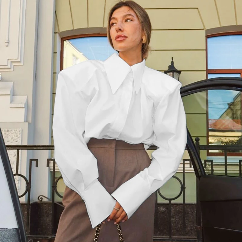 Linad Autumn Elegant White Puff Sleeve Shirt Office Lady
