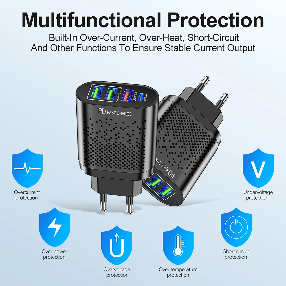 PD 20W USB Type C Charger QC3.0 Fast Charging Wall Charger 2.4A 4Ports EU US KR Plug Phone Tablet USB PD Adapter
