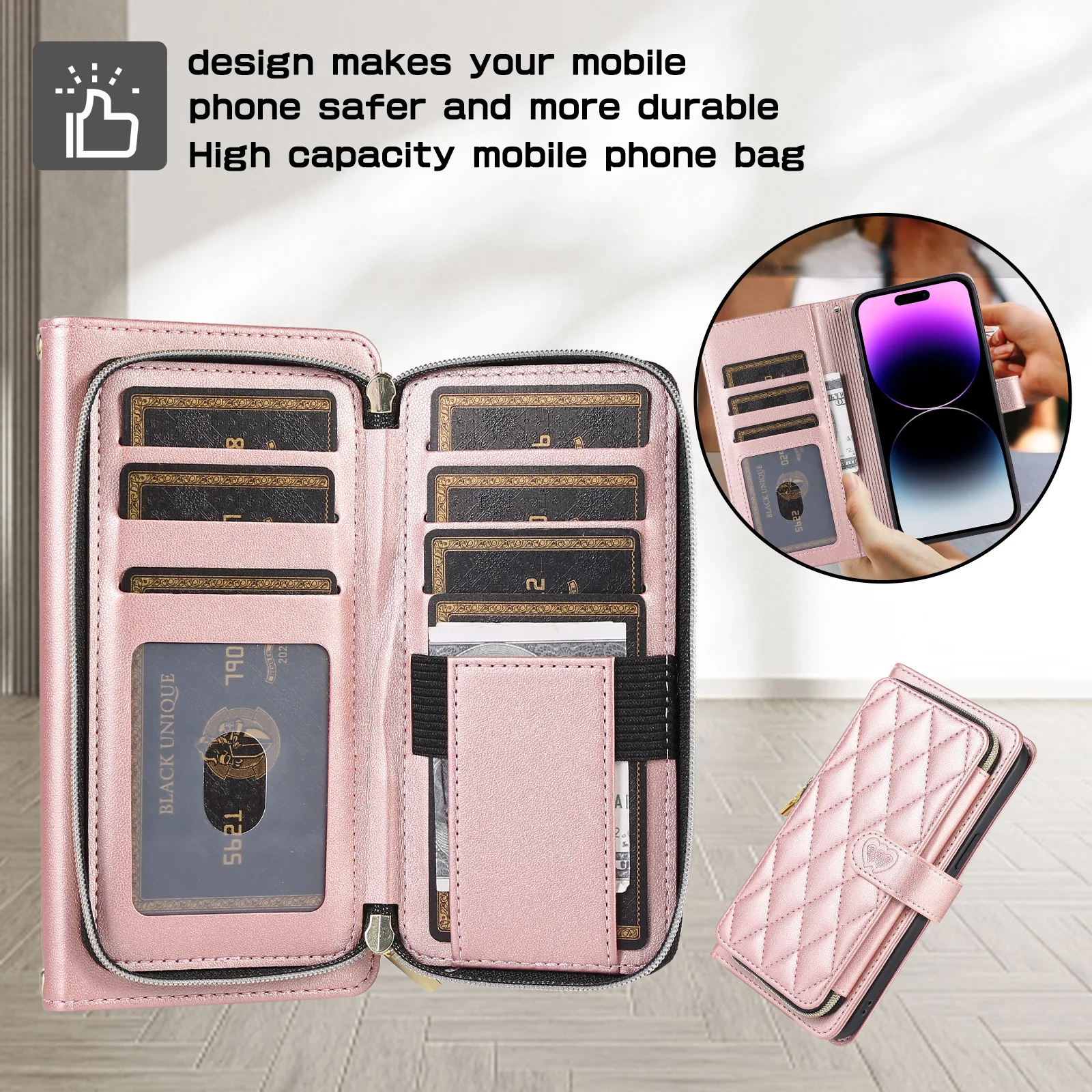 Wallet Shoulder Strap Phone Case For iPhone 15 Pro Max 14 13 12 11 Pro Max 15 Plus 13 Pro Zipper Leather Card Slot Lanyard Cover