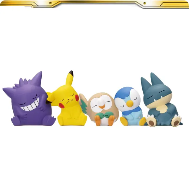 5PCS Original Pokemon Figures Pikachu Gengar Gonbe Rowlet Piplup Sitting Sleep Anime Action Figure Model Toys Cute Kids Gift