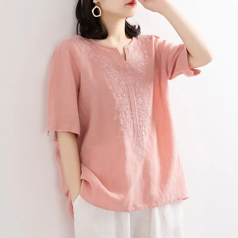 

2023 Summer New Women's Shirts Cotton Linen Solid Casual Shirts and Women's Shirts Art Loose Pullover Embroidered Top Trend