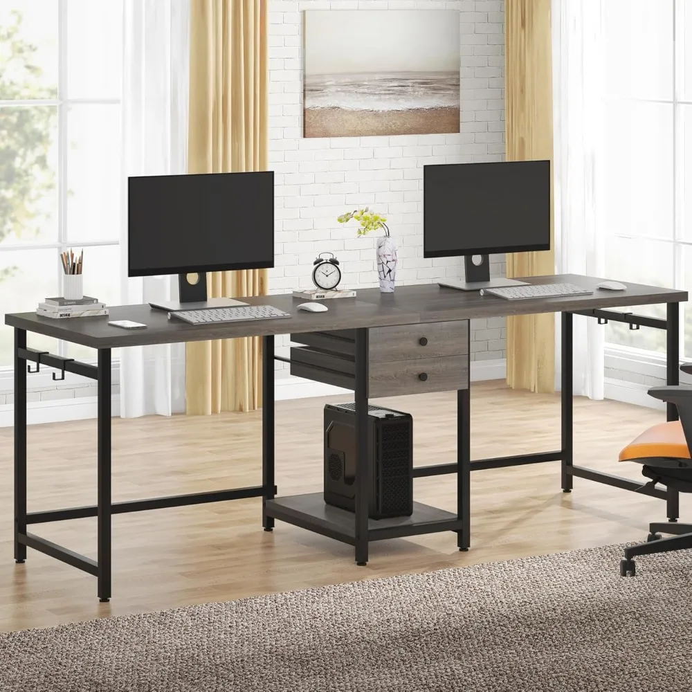 79 Inch Extra Long Desk, Double Desk with 2 Drawers, Two Person Desk Long Computer Desk with Storage Shelves, Writing 3