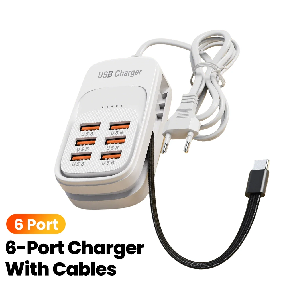 Multi-Port USB Charging Station with Type-C Cable and Power Strip Adapter