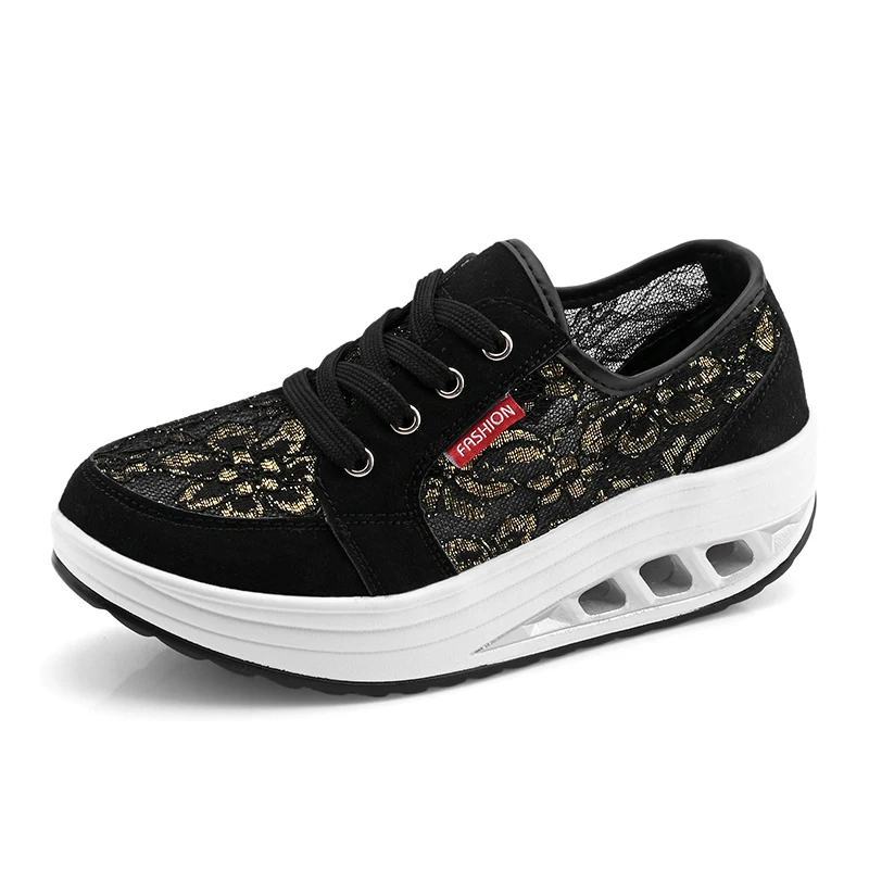 Lightweight Women Toning Shoes Lace Up Green Beige Ladies Slimming Flat Platform Swing Wedge Trainer Fitness Walking Sneaker