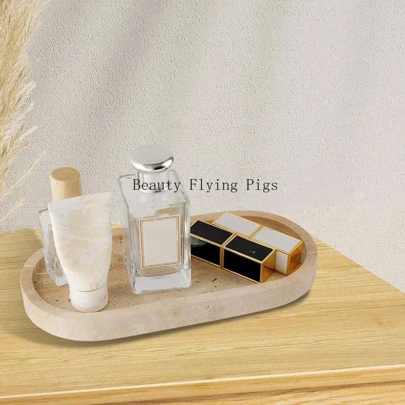 Travertine Stone Tray for Soap Dispenser Jewelry Perfume Natural Marble Decorative Tray for Bathroom Countertop Vanity Dresser 4