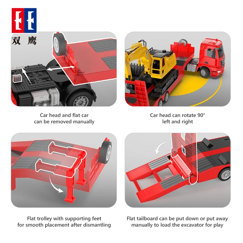 Double E E663 RC Flat Trailer Excavator Sound LED Lights Remote Control Truck Kids Toys Engineering Vehicle Boy competitive Game 3
