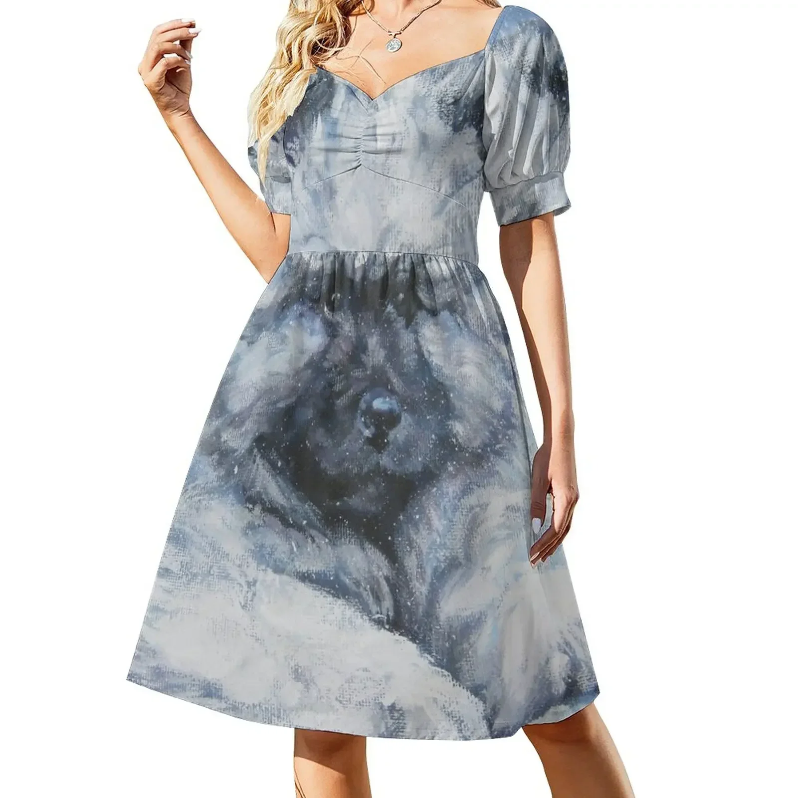 thumbnail image 1 of Keeshond pintura de Bellas Artes vestido de manga corta vestidos de verano señoras vestido de mujer, 1 of 8