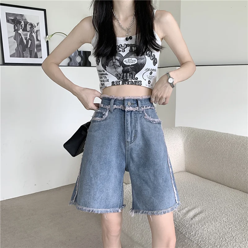 Y2k Fashion Denim Shorts For Women's Summer Caggy Raw Edge Korean Style Blue High Waisted Jeans Straight Vintage Fifth Shorts