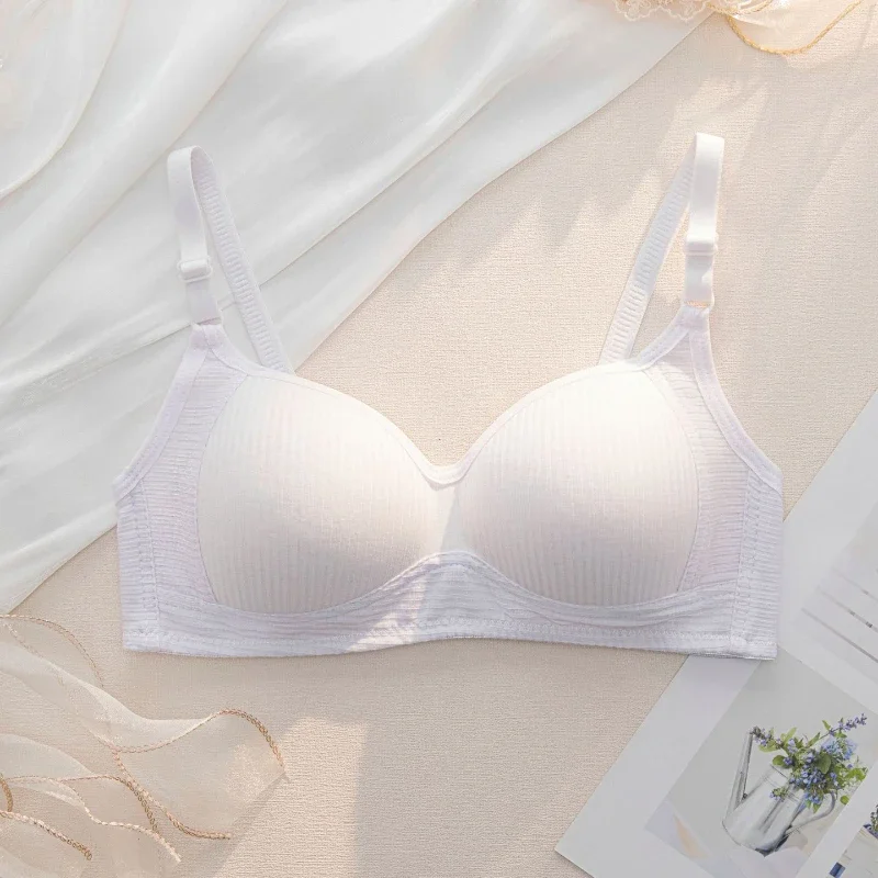 Full Cotton No Steel Ring Bra for Women Summer Breathable Light Color Plus Size Bras Girls Gathered Chest Lift Fashion Underwear 4