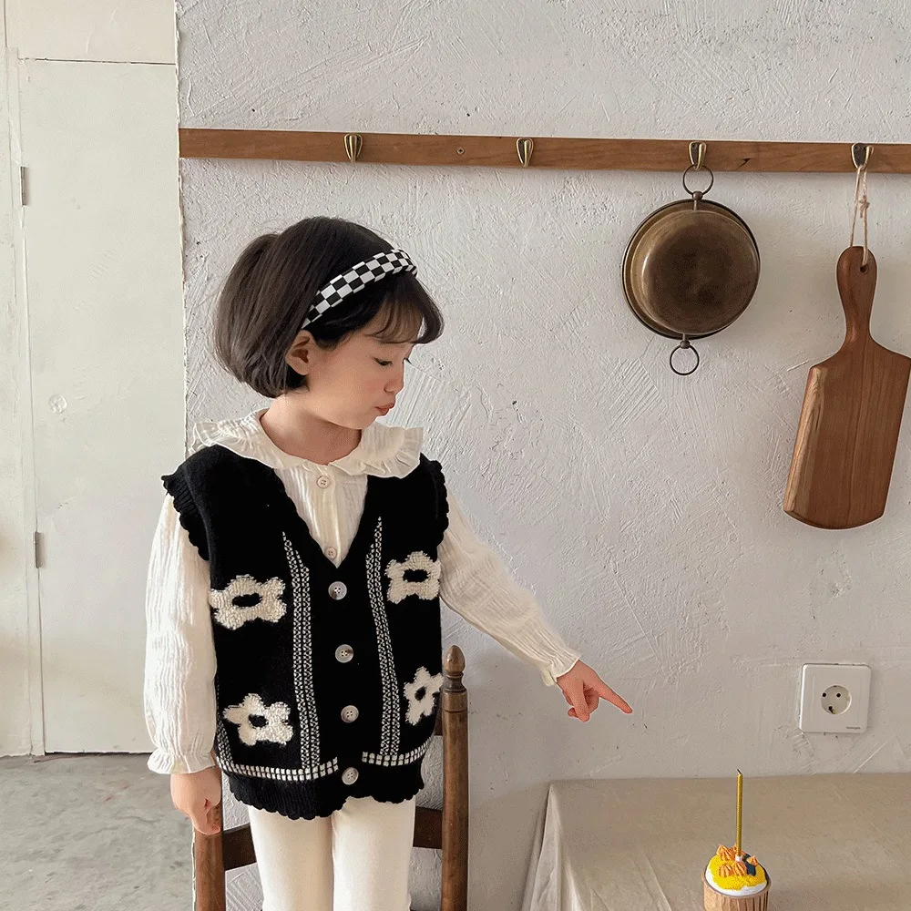 2022 Spring New Girls Knit Cardigan Vest Fashion Children Girls Flower Knitted Vest Jacket Kids Baby V-neck Sweater