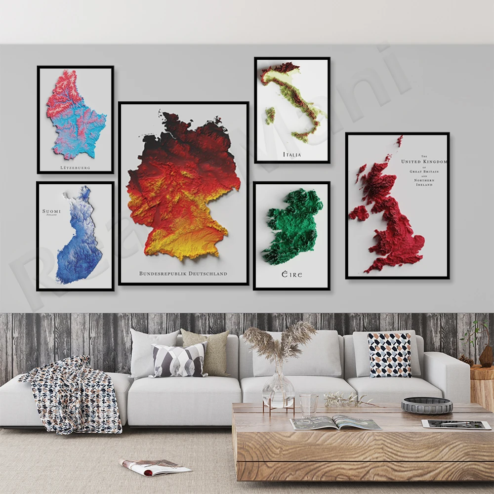 Malesia, Indonesia, Svizzera, Italia, Irlanda, Germania, Norvegia, Regno Unito, Svezia, Lussemburgo, Finlandia, Islanda Rilievo Mappa Poster