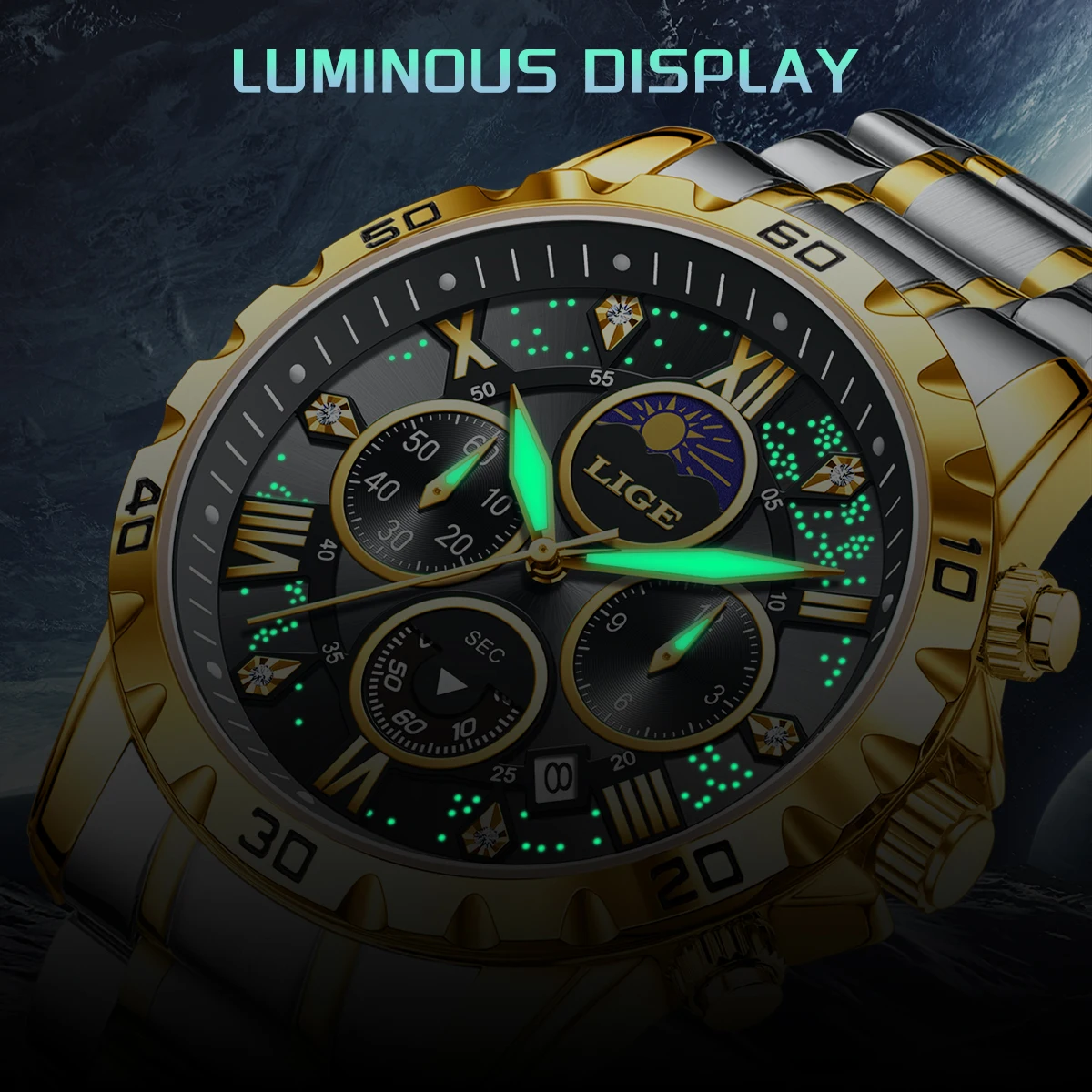 LIGE Luxury Stainless Steel Luminous Men's Chronograph Watch